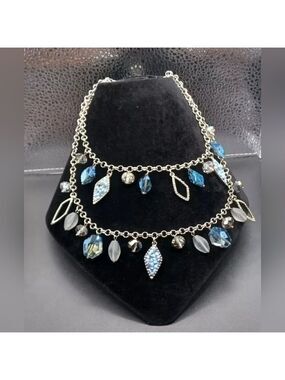 Jtv Fauceted Blue Beaded Dangle Silvertone 2 Strand Statement Necklace NWOT